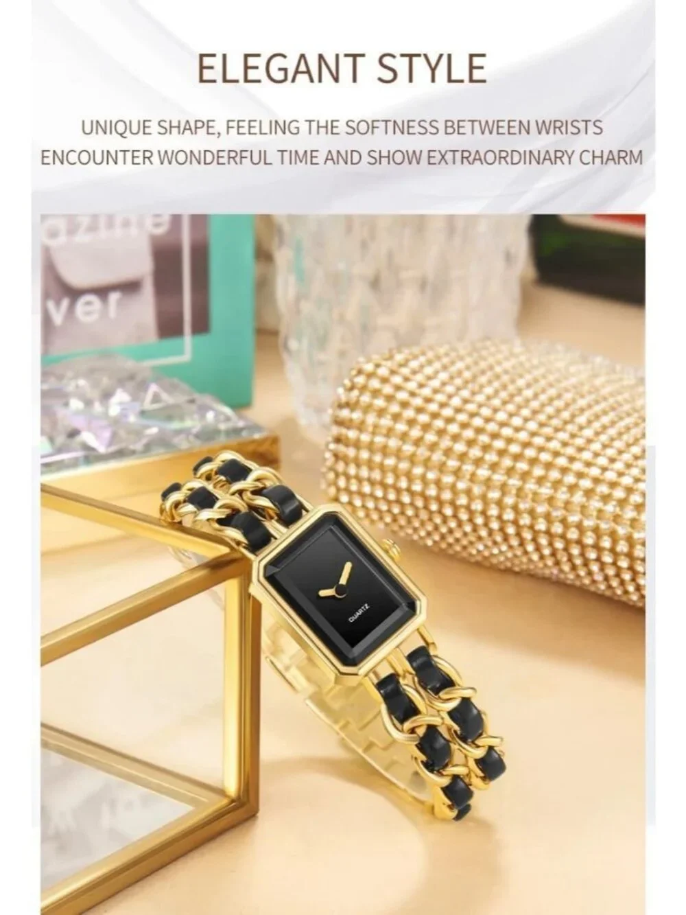 Women's Gold Square Adjustable Chain Braid Band Quartz Retro Dress Wrist Watches